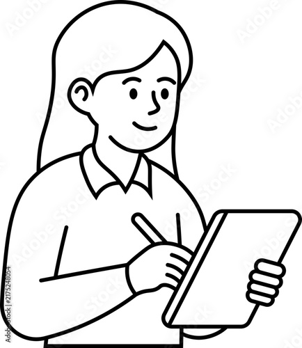 woman writing on digital tablet illustration vector outline