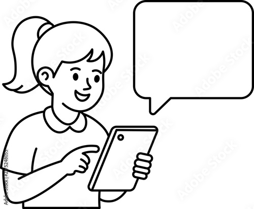 girl using tablet with blank speech bubble illustration vector outline