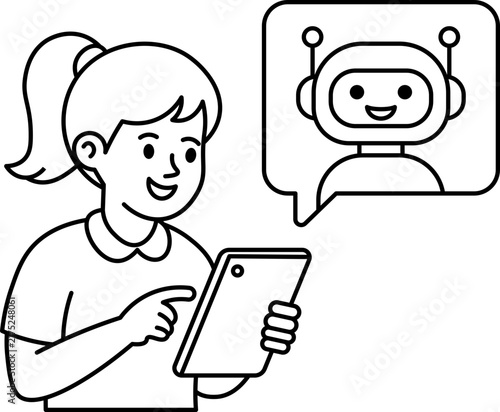 girl chatting with ai bot on tablet illustration vector outline