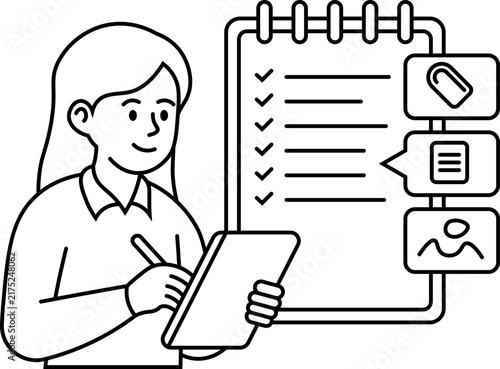 woman managing task checklist on tablet illustration vector outline