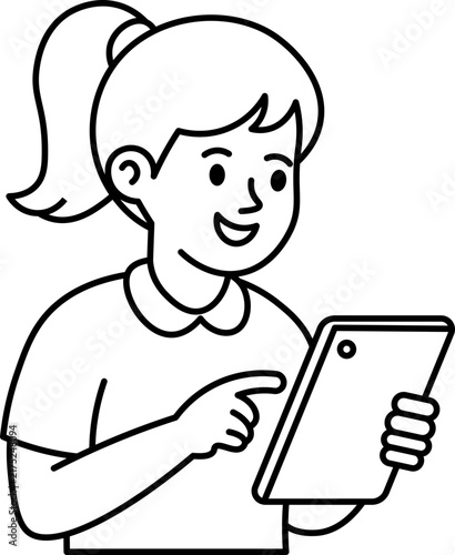 happy girl using digital tablet illustration vector outline