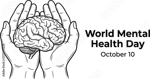 Hands gently cradling a human brain illustration for world mental health day awareness on october tenth