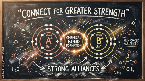 Chalkboard illustration of chemical bond formation between two atoms, symbolizing strength and alliances in science education