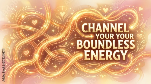 Channel Your Boundless Energy: Abstract glowing golden waves, sparkling lights, and hearts with inspirational concept