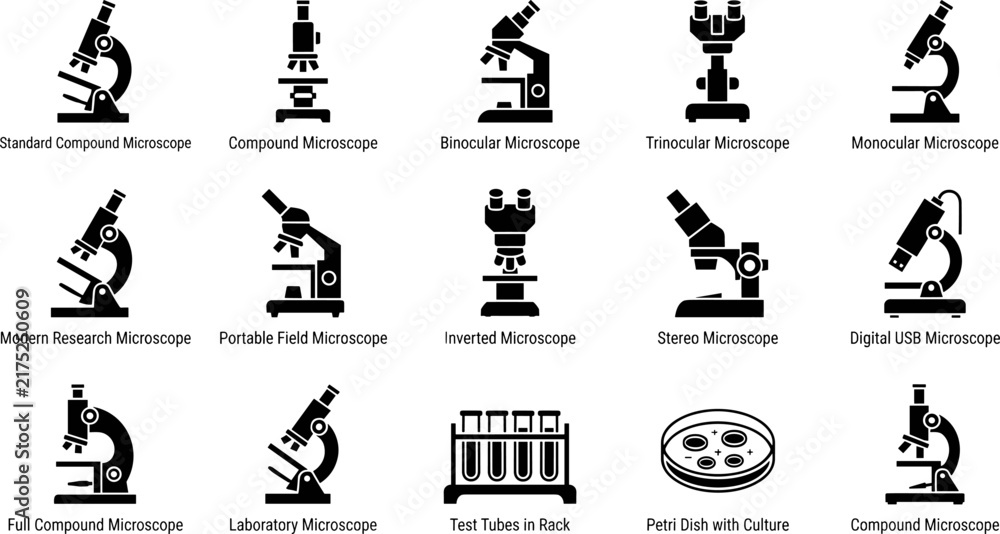 Naklejka premium Set of various types of laboratory microscopes and scientific equipment icons