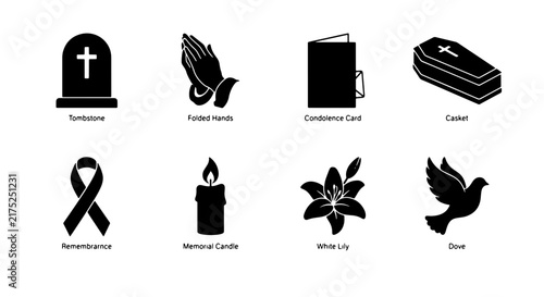 Принти на полотні Funeral Icons Set: Tombstone, Praying Hands, Condolence Card, Coffin, Remembranc