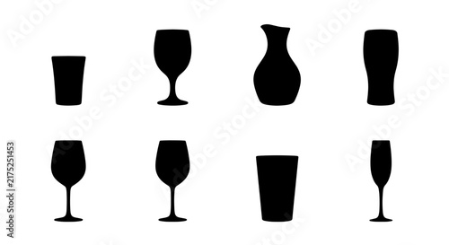 Set of 8 Black Silhouette Drinkware Icons: Glasses, Goblets, Carafe, and Flutes for Bar, Restaurant, and Beverage Concepts