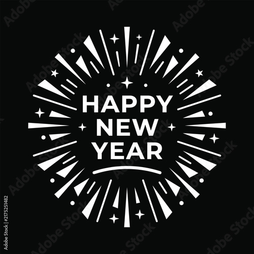 Happy New Year typography design vector featuring a dynamic radial burst and star elements