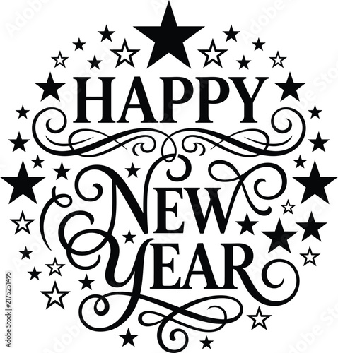 Happy New Year typography design vector featuring decorative stars and circular framing