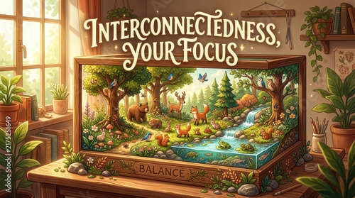 Charming Diorama of Woodland Animals and Nature Ecosystem in a Terrarium, Symbolizing Interconnectedness and Balance