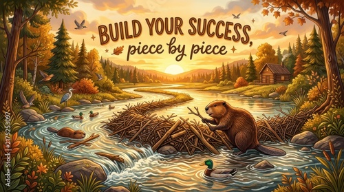 Charming illustration of a beaver building a dam with the phrase 'Build Your Success, Piece by Piece' in a serene forest setting at sunset.