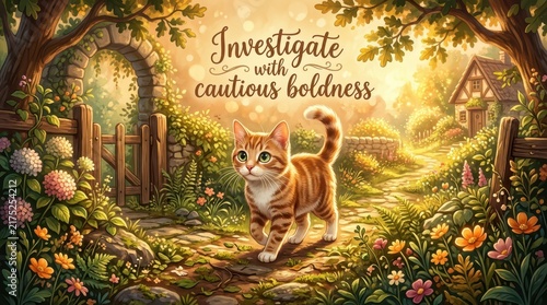 Charming illustration of a curious orange tabby cat walking on a stone path through a vibrant, flower-filled garden with an arched gateway and quaint