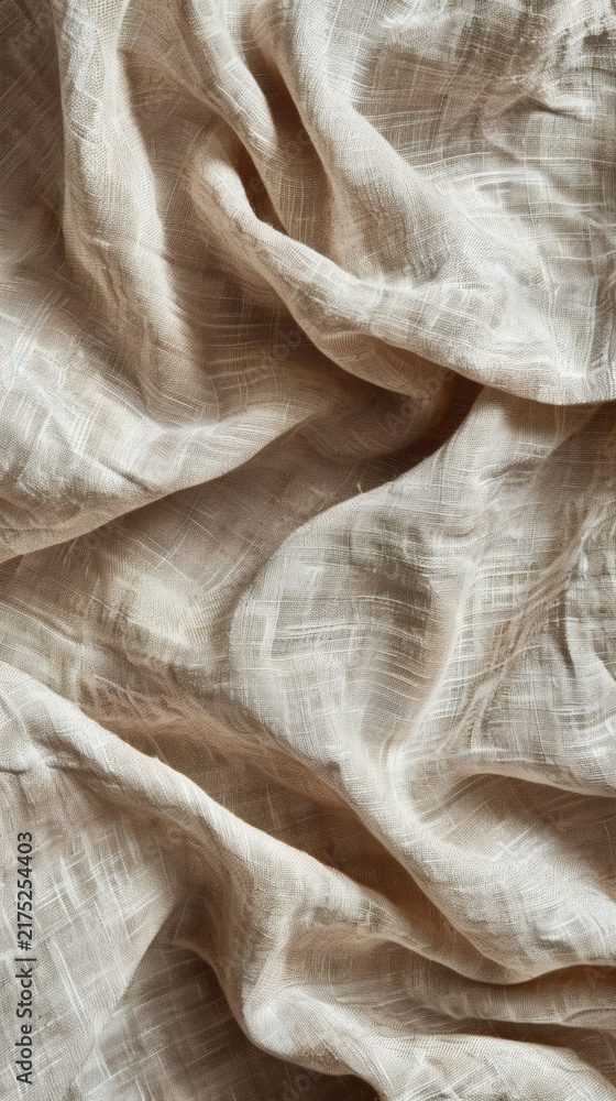 Fototapeta premium Top view of crumpled raw unbleached linen fabric texture background
