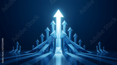 Glowing blue arrows rising upward to symbolize unified corporate teamwork and visionary leadership within a successful business
