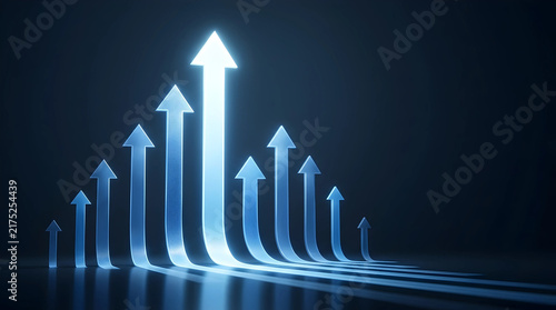 Glowing blue arrows rising upward to represent market growth and organizational success, reflecting corporate synergy and strategic