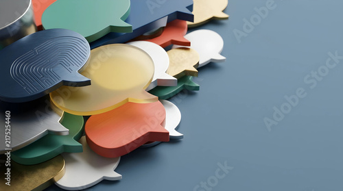 Colorful 3D speech bubbles representing teamwork discussion and customer feedback through diverse communication channels and collaborative brainstorming in a modern business concept.