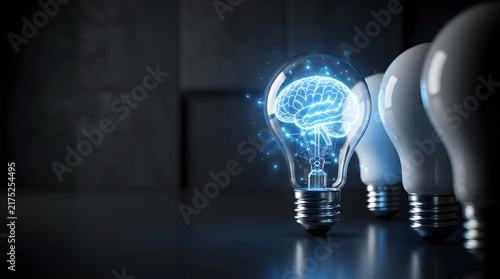 Glowing digital brain inside a light bulb representing an artificial intelligence breakthrough, symbolizing a unique tech innovation and creative idea in a dark environment.
