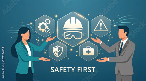 Occupational health and safety first concept illustration with professional business people presenting industrial protection icons such as hard hat, goggles, and medical first aid kit.