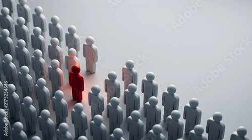 Single red figure standing out among white crowd representing effective leadership concept and unique individuality in business