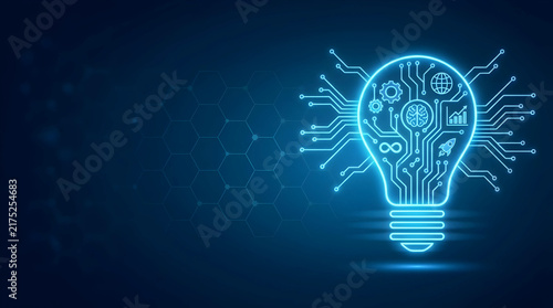 Advanced artificial intelligence breakthrough and unique tech innovation featuring a glowing digital light bulb with circuit patterns and smart icons on a dark blue futuristic background.