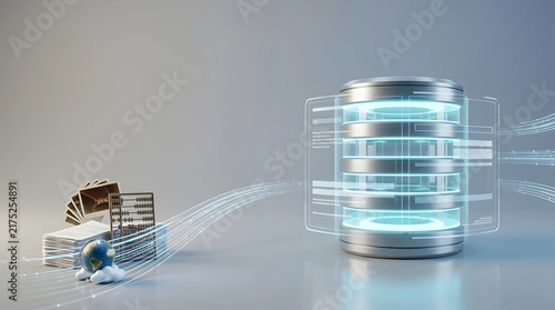 Cloud database server storage networking for global image archiving and digital data management, connecting traditional photos and tools to modern high-tech secure infrastructure systems.