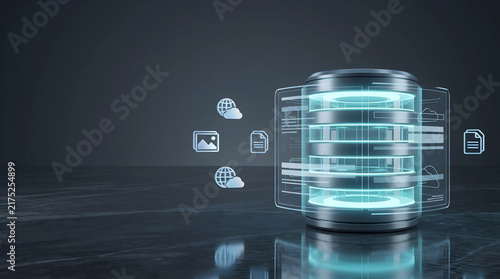 Futuristic cloud database server storage networking concept featuring a glowing digital data cylinder with floating information icons on a dark reflective professional background.