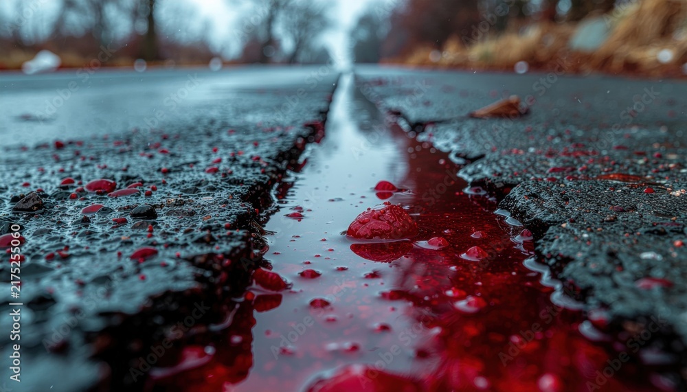 Fototapeta premium Close-up of Red Liquid in a Crack on a Wet Road.