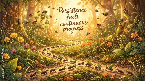 Charming illustration of ants marching in a forest path, symbolizing persistence, teamwork, and continuous progress with a motivational quote