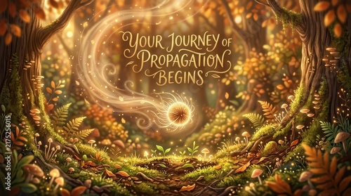 Enchanting forest glade bathed in golden light, with magical swirling energy and the inspiring text 