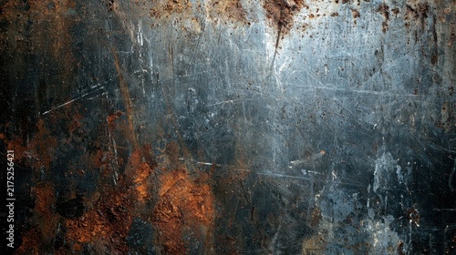 Close-up of weathered metal surface with deep grunge texture, rust and peeling paint