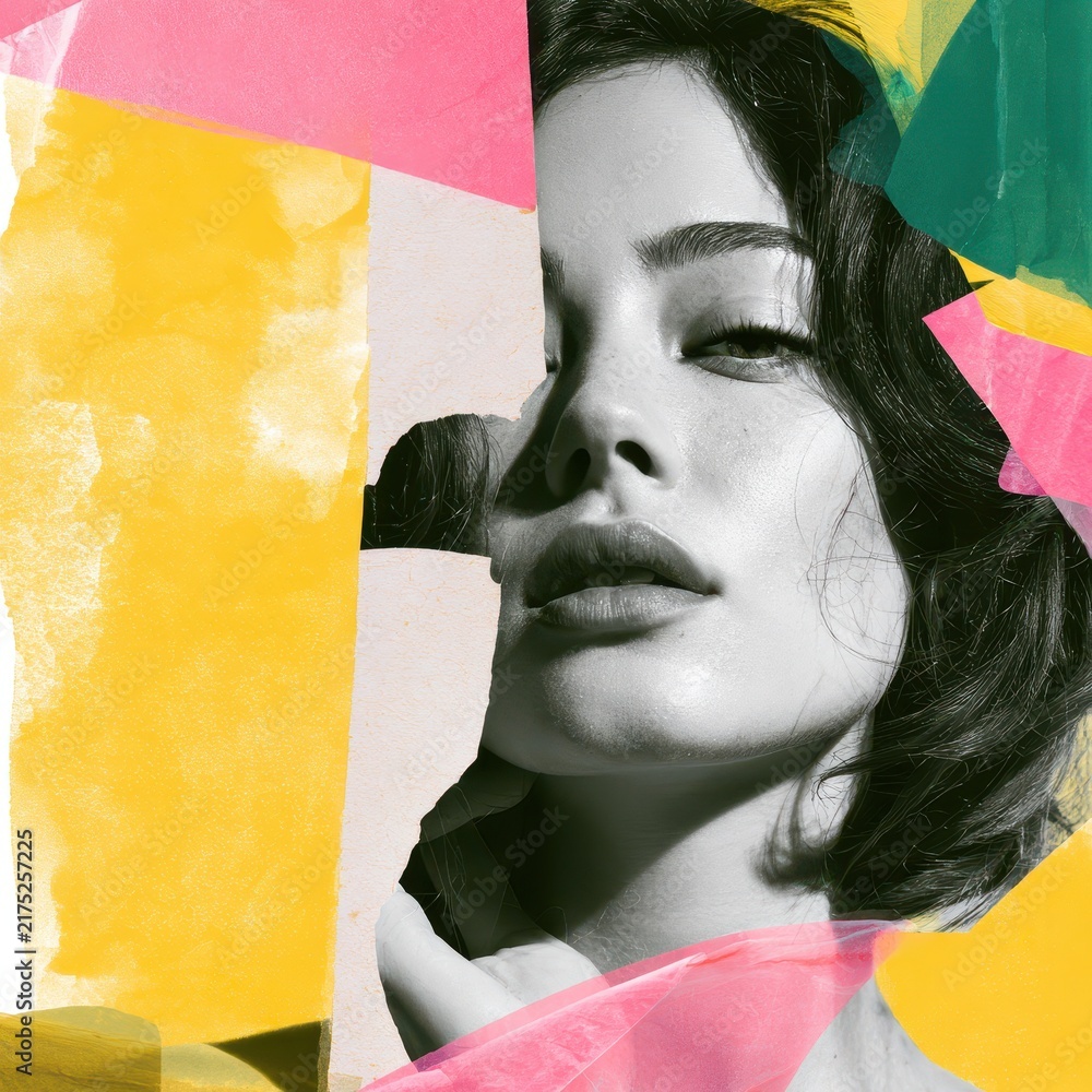 Fototapeta premium Abstract fashion collage: dreamlike figure on a tropical yellow background with pink and green accents, ample copy space
