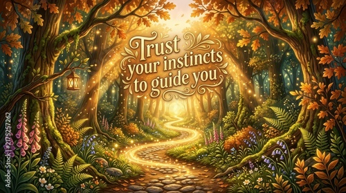 Enchanting forest path bathed in golden light, with glowing particles and the inspirational message 'Trust your instincts to guide you'