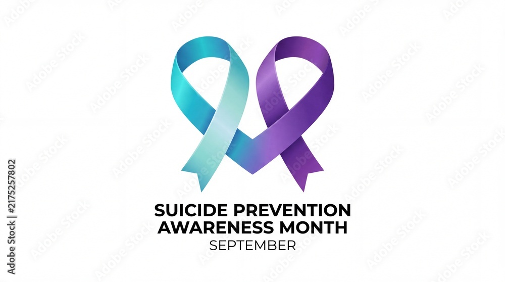 Obraz premium Teal and purple awareness ribbon shaped like a heart for suicide prevention awareness month in september with shape representing suicide ribbon formed