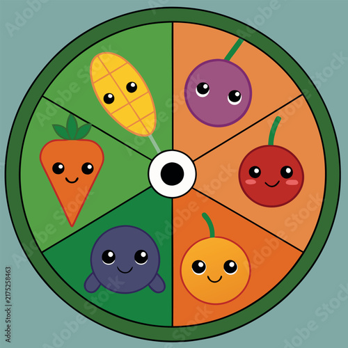 A spinning wheel with different vegetables pointing. 