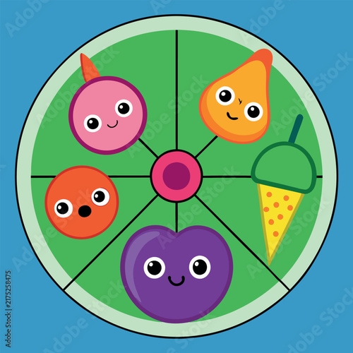 A spinning wheel with different vegetables pointing. 