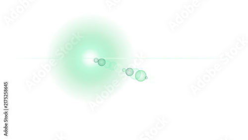 Bright green circular light burst with horizontal motion streaks and lens flare effects on a black background, for digital visual effects