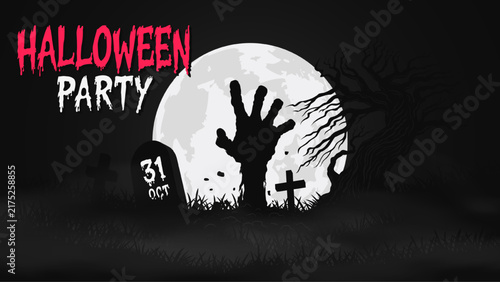 Halloween Night Cemetery Banner with Zombie Hand, Full Moon and Fog