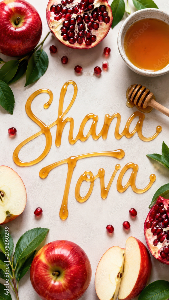 Obraz premium Honey script shana tova framed by whole apples, pomegranate halves, rosh hashanah new year card with food lettering