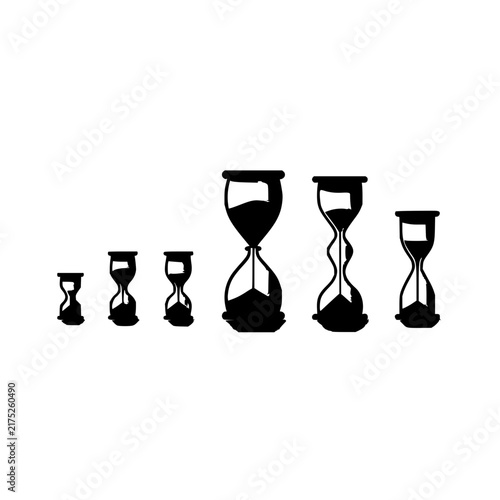 Hourglass icons set with linear sequence of five progressive sand flow stages from full to empty in front view featuring hourglass, sand, icons with vector and illustration