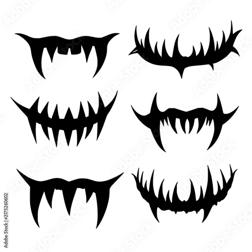Vampire teeth set with minimalist symmetrical layout against solid black background featuring sharp fangs, silhouettes, high-contrast with symmetrical arrangement and dark mood