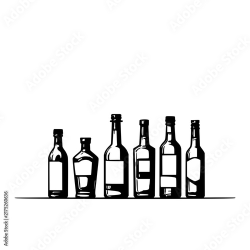 Liquor bottle set with five distinct bottles featuring vodka, whiskey, scotch, bourbon, and tequila with black and white vector style and minimalist design