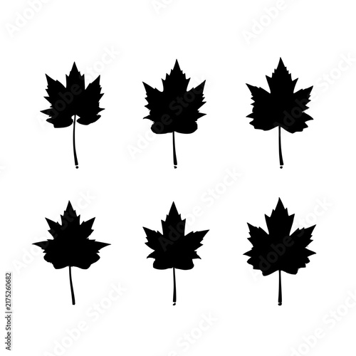 Black and white grape leaves set with six distinct leaves featuring detailed vein patterns with clean lines and solid fill against white background