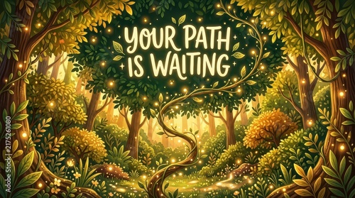Enchanting forest path bathed in magical fairy lights, with the inspirational quote 'Your Path Is Waiting' illuminating the scene.