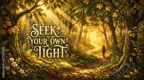 Enchanting Forest Path Illuminated by Sunbeams, Inspirational 'Seek Your Own Light' Text and a Lone Wanderer