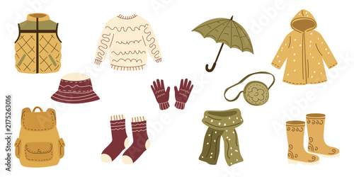 Hand Drawn Autumn Clothing and Rainy Weather Accessories Set with Sweater, Puffer Vest, Raincoat, Umbrella, Rubber Boots, Scarf, Gloves, Socks, Hat, Backpack and Bag