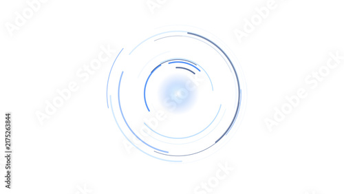 Abstract blue circular with concentric rings and a glowing central sphere on a white background, for digital technology concepts