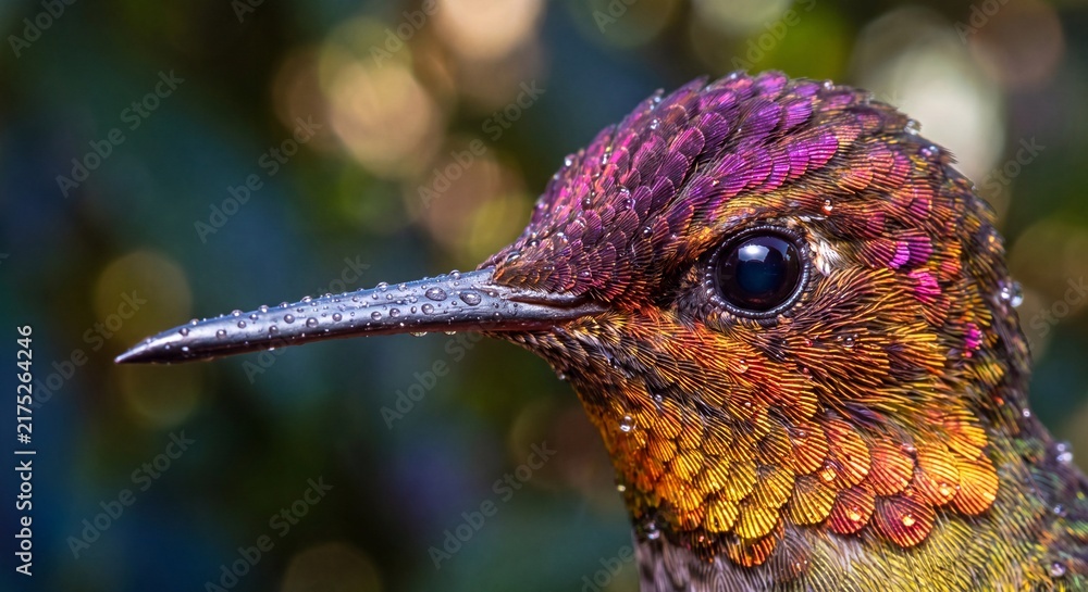 Naklejka premium Close up portrait of a vibrant hummingbird head covered in tiny dew water droplets outside