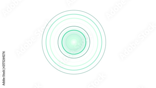 Concentric green circular rings with a bright central light, isolated on a white background, for digital and motion