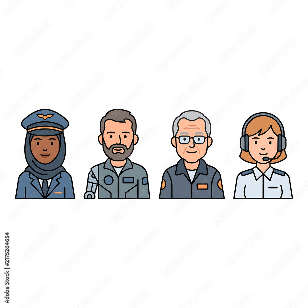 Fototapeta premium A diverse group of professional aviation and aerospace personnel depicted as stylized avatars.