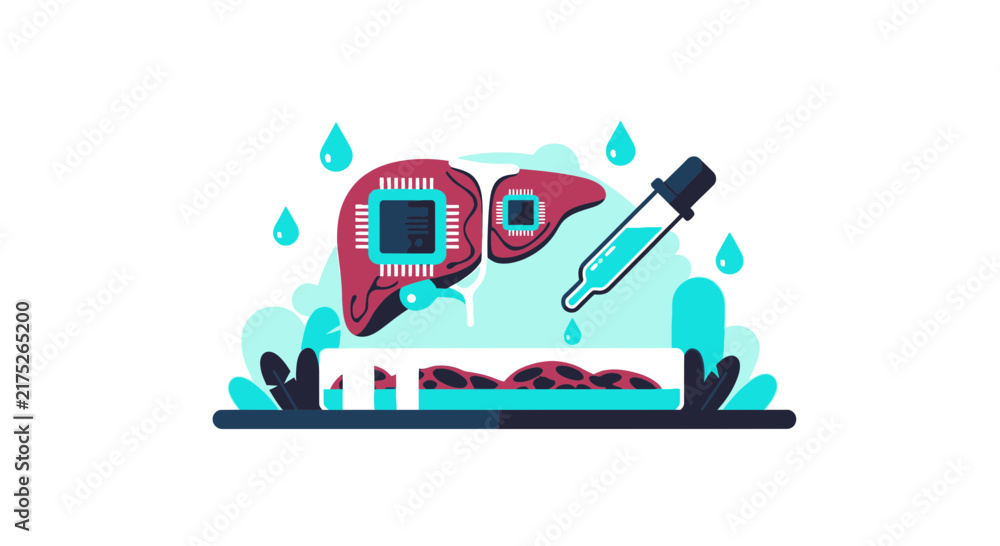 Naklejka premium Synthetic Liver Bioengineering and AI Medical Technology Flat Vector Illustration